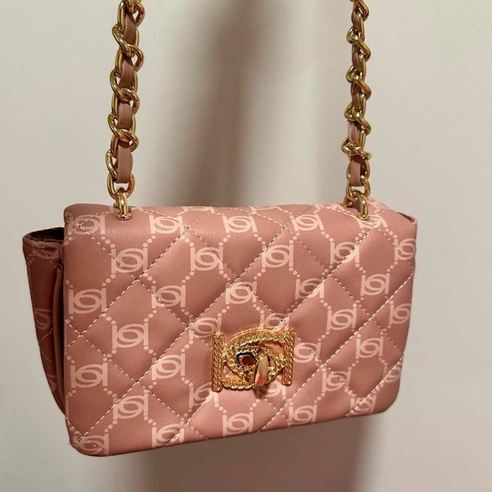 Bebe Live monogram crossbody blush/powder pink logo